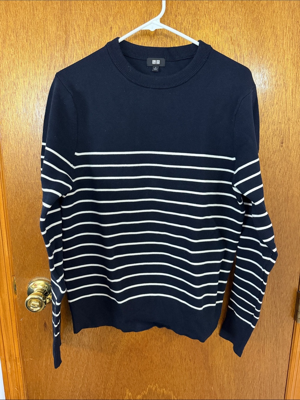 Uniqlo Men’s Navy Crewneck Sweater with White Stripes